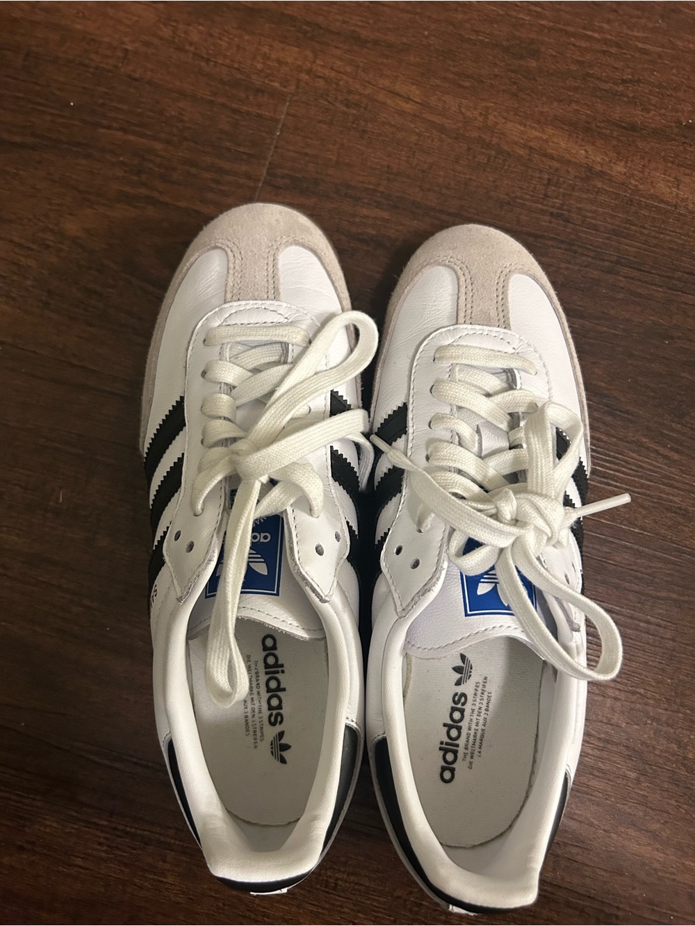 adidas Samba White Sneakers with Black Stripes and Tan Suede Toe